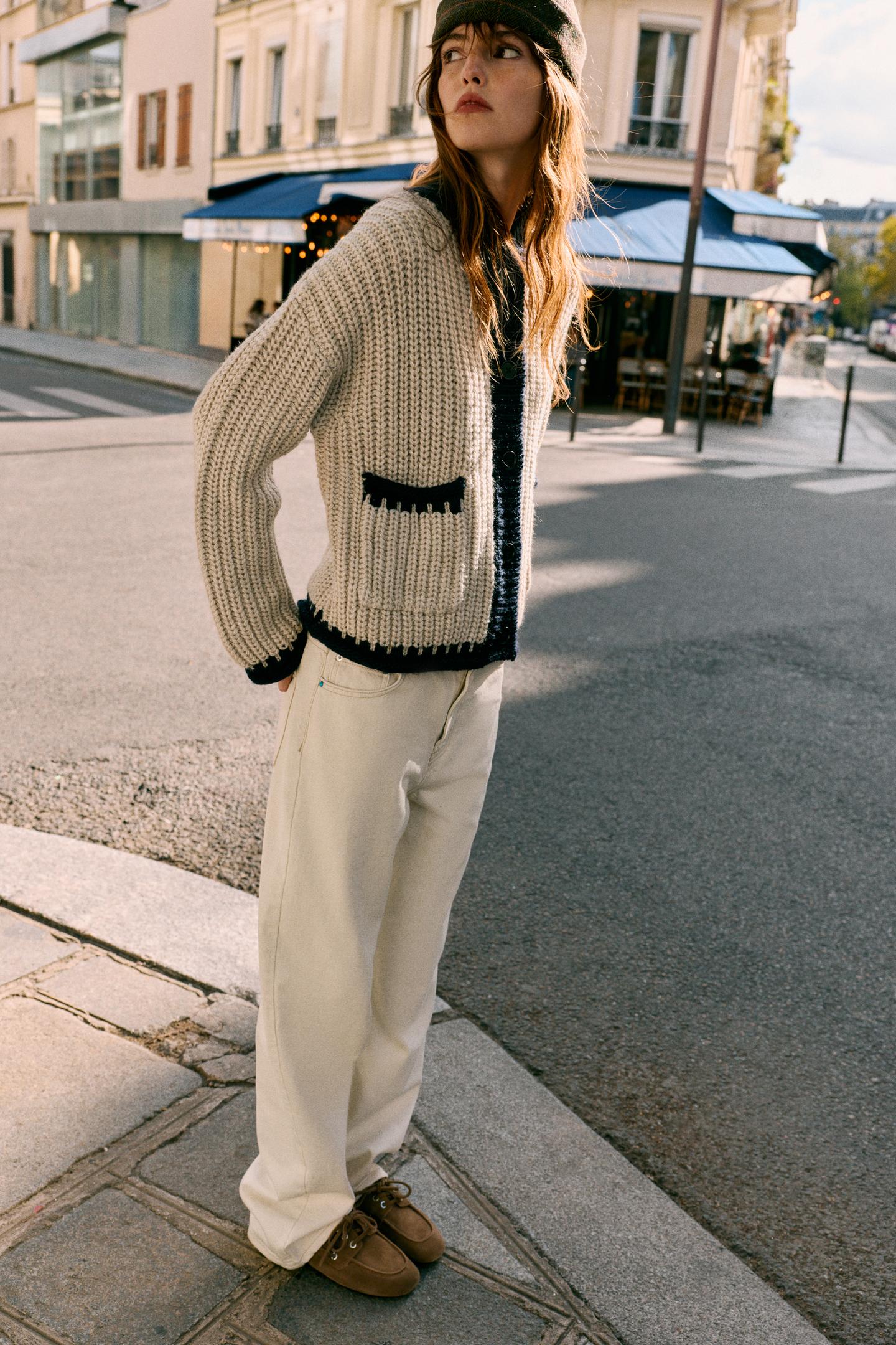Женский кардиган Zara Contrast Trim, цвет: Светлый верблюжий — фото 1