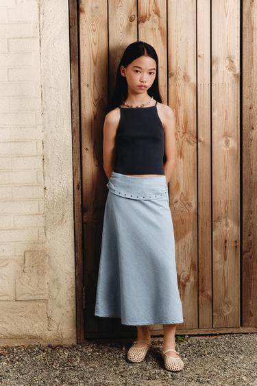 STUDDED FLOWING MIDI SKIRT - Light blue by Zara