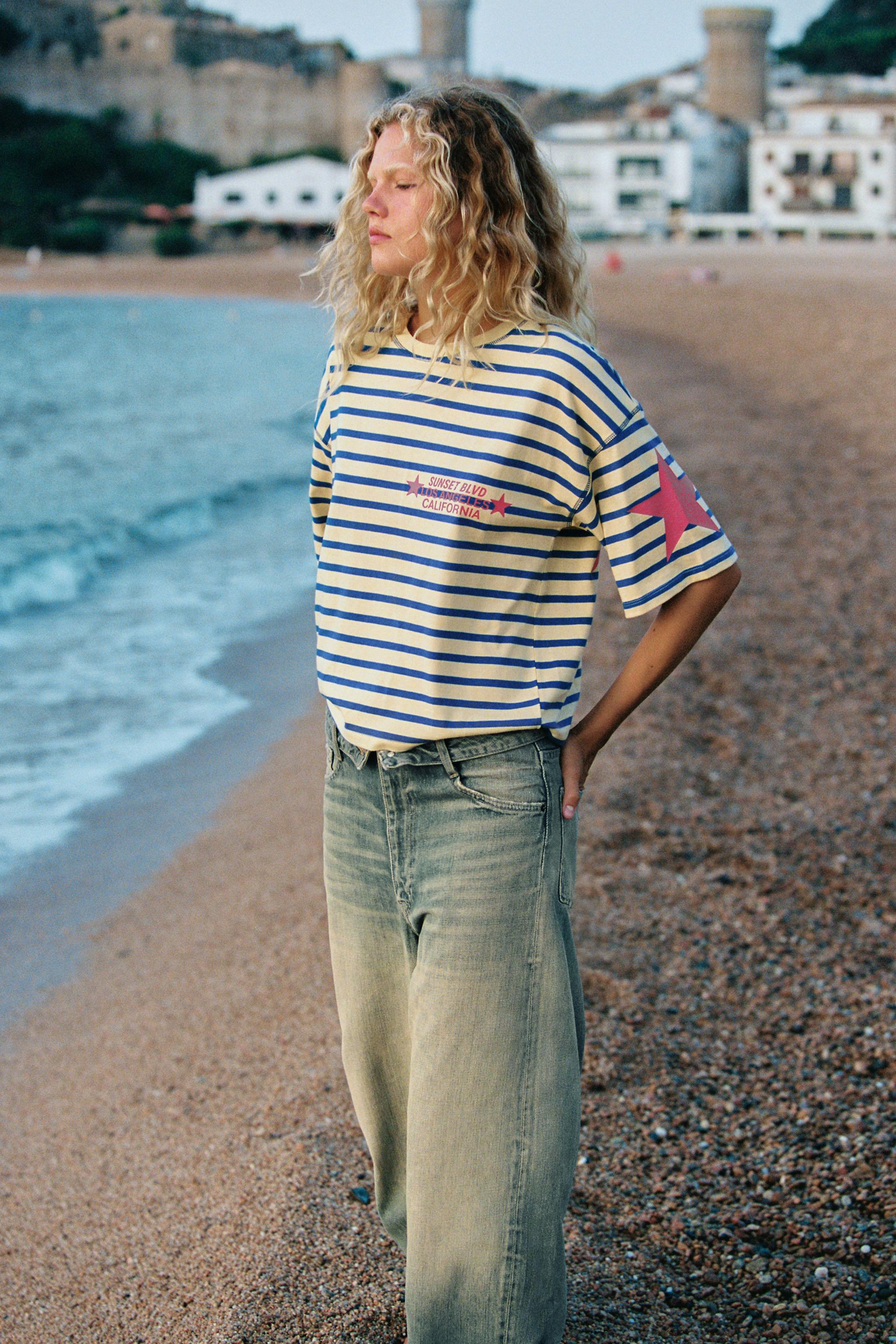 OVERSIZED STRIPED TEXT T-SHIRT — Yellow