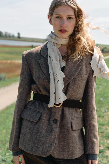 Zara HERRINGBONE BELTED BLAZER - taupe brown
