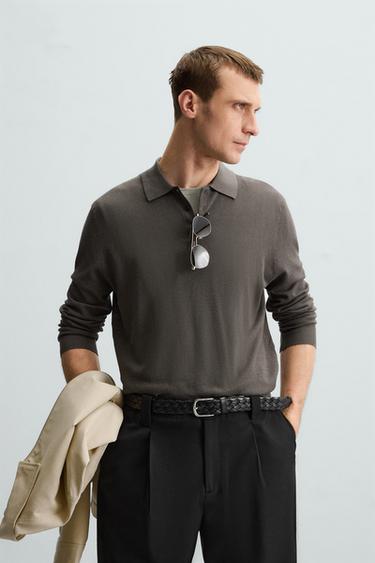 Zara SILK COTTON KNIT POLO - Brown / Green