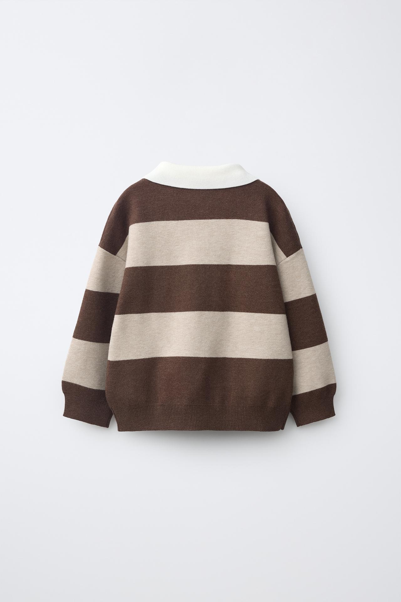STRIPED KNIT POLO WITH BEAR PATCH — Ecru / Brown