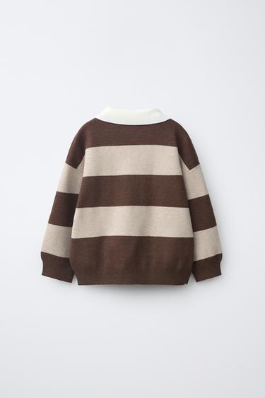 STRIPED KNIT POLO WITH BEAR PATCH — Ecru / Brown 2
