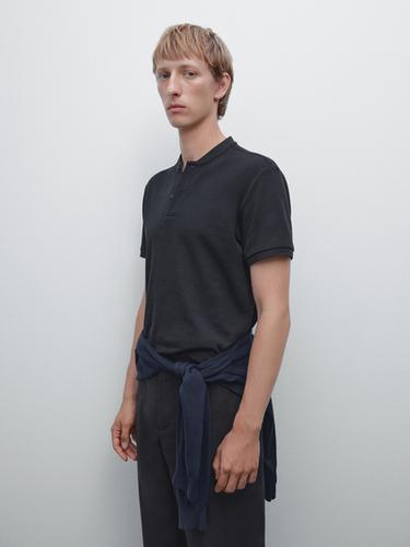 Zara Ribbed polo shirt with stand collar - Navy blue