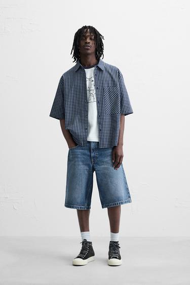 Zara WASHED BAGGY FIT DENIM SHORTS - Mid-blue