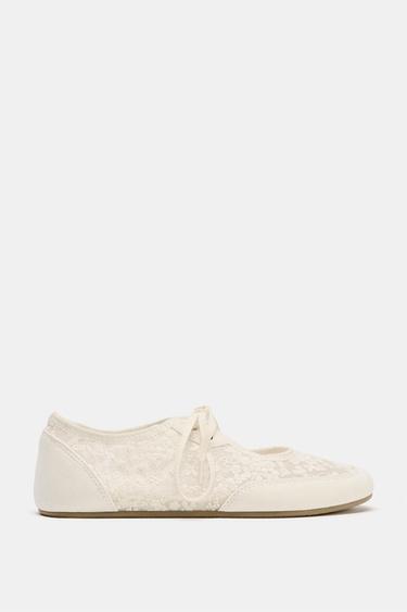 EMBROIDERED MESH BALLET FLATS - Ecru White by Zara