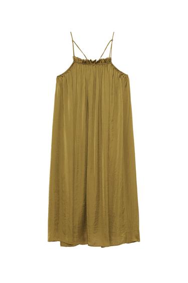 Olive green relaxed-fit flowing dress with a satin finish, thin straps and a gathered neckline on a white background.