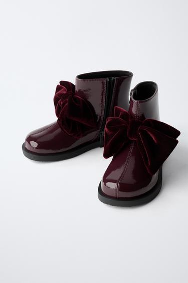 Zara PATENT FINISH BOW BOOTS - Burgundy Red