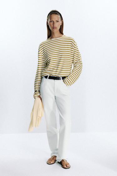 Zara SLUB STRIPED COTTON T-SHIRT - Green stripe