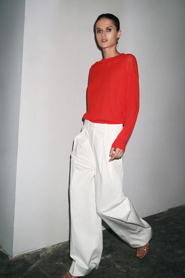 Zara PANTALONE OD KEPERA SA UŠICIMA ZW COLLECTION – Bela – Slika 0
