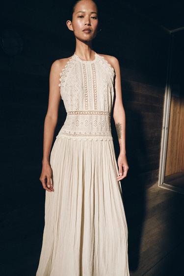Zara ZW COLLECTION 蕾絲中長版洋裝 - 裸色
