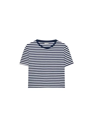 Zara SHORT SLEEVE CROPPED TOP - Blue / White