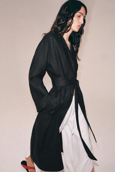 CASACO COM CINTO DE LINHO ZW COLLECTION - Preto da Zara
