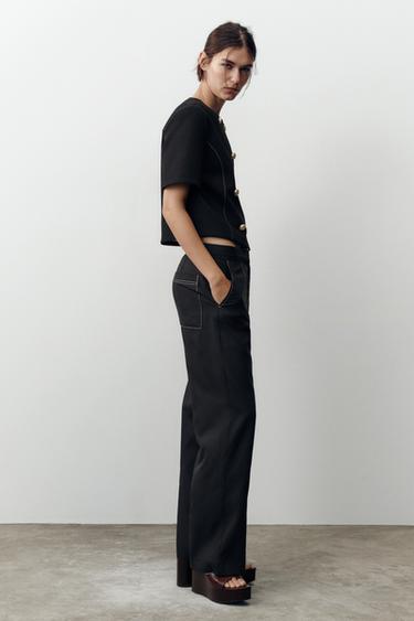 GERADE GESCHNITTENE HOSE MIT KONTRASTSTEPPNÄHTEN - Schwarz von Zara