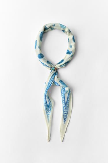 FISH PRINT SILK BANDANA SCARF - Ecru by Zara