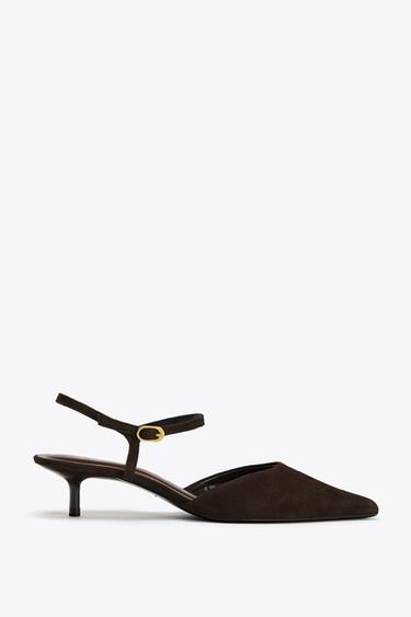 SUEDE KITTEN HEEL SLINGBACK SHOES - Brown by Zara