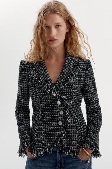 Zara STRUCTURED FRAYED BLAZER - Black / White