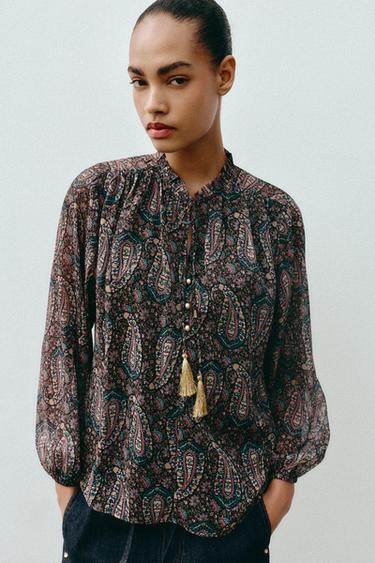 Zara POLUPROZIRNA BLUZA SA PRINTOM – raznobojno