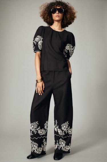 PANTALÓN CULOTTE BORDADOS MEZCLA LINO ZW COLLECTION - Marrón de Zara