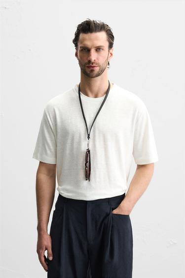 LINEN BLEND T-SHIRT - Oyster-white by Zara