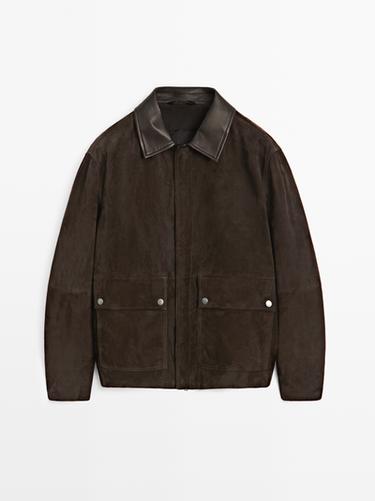 Zara Suede leather jacket with collar detail - Chocolate