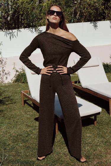 Zara PIQUÉ BELTED PANTS - Dark brown