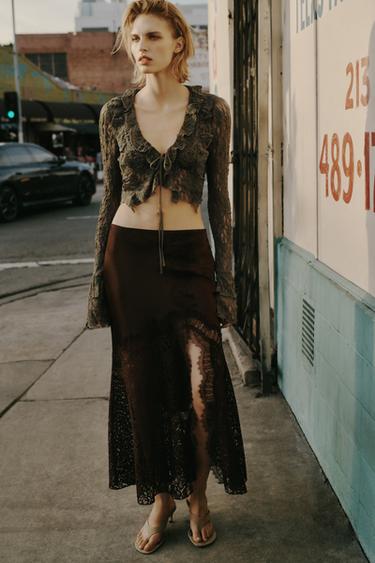 FALDA SATINADA ENCAJE ZW COLLECTION - Marrón de Zara