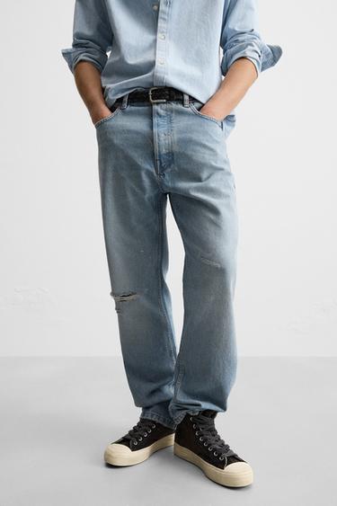 JEAN STRAIGHT FIT ÉCLABOUSSURES DE PEINTURE - Bleu moyen de Zara