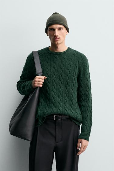 Zara 100% WOOL CABLE-KNIT JUMPER - Dark bottle green