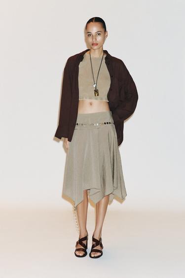 FALDA MIDI ASIMÉTRICA CINTURÓN RAYAS - Beige-marro de Zara