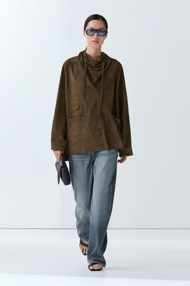 Zara High-neck suede shirt - Khaki Green - Image 0