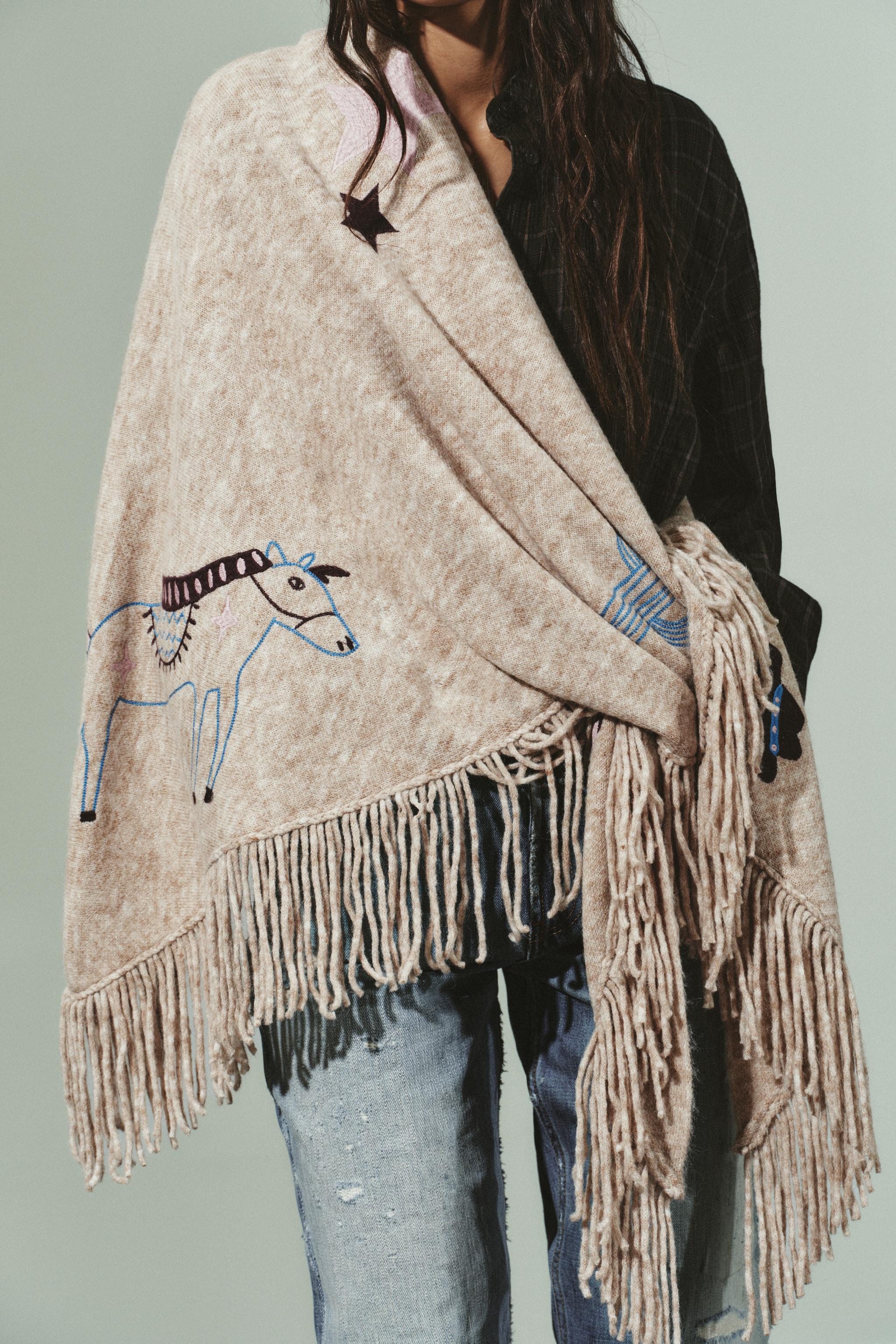 EMBROIDERED FRINGED SHAWL