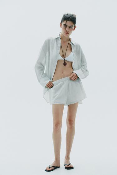 Zara STRIPED GAUZE PAJAMA SHORTS - White / Green