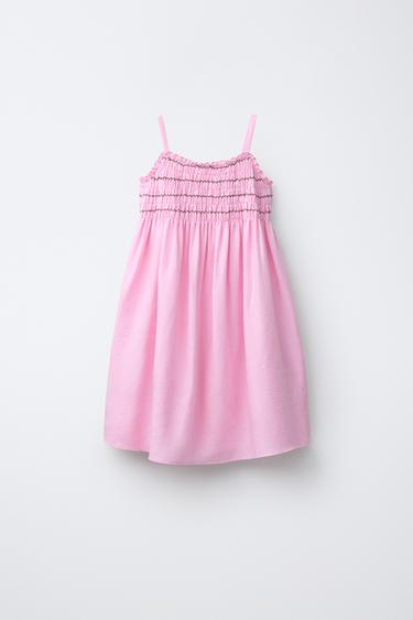 LINEN BLEND SMOCKED DRESS - Pink by Zara
