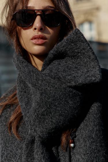 SHORT BOUCLÉ COAT WITH SCARF - Dark grey by Zara - Image 4