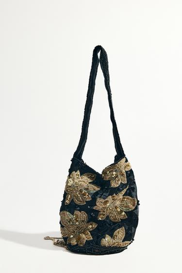 PETIT SAC SEAU BRODÉ FLEURS - Noir de Zara
