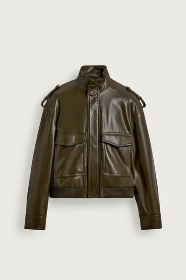 Zara FAUX LEATHER CROPPED JACKET - Olive green