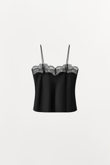 SATIN STRAPPY TOP WITH LACE TRIM - Black by Zara