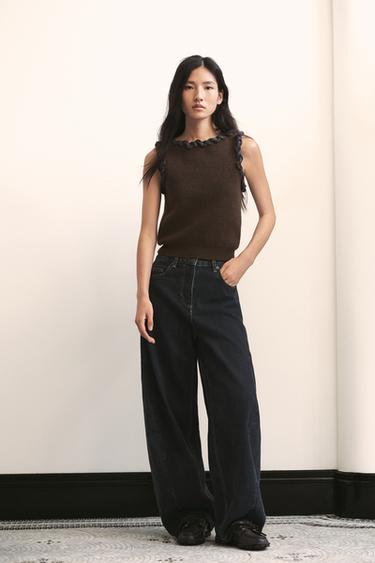 Zara 交織飾邊針織上衣 - 棕色