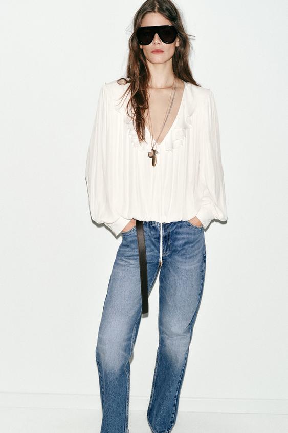 SATIN EFFECT BLOUSE WITH RUFFLES AND SHOULDER PADS