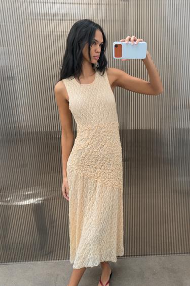 LACE GATHERED MIDI DRESS - Pastel yellow by Zara