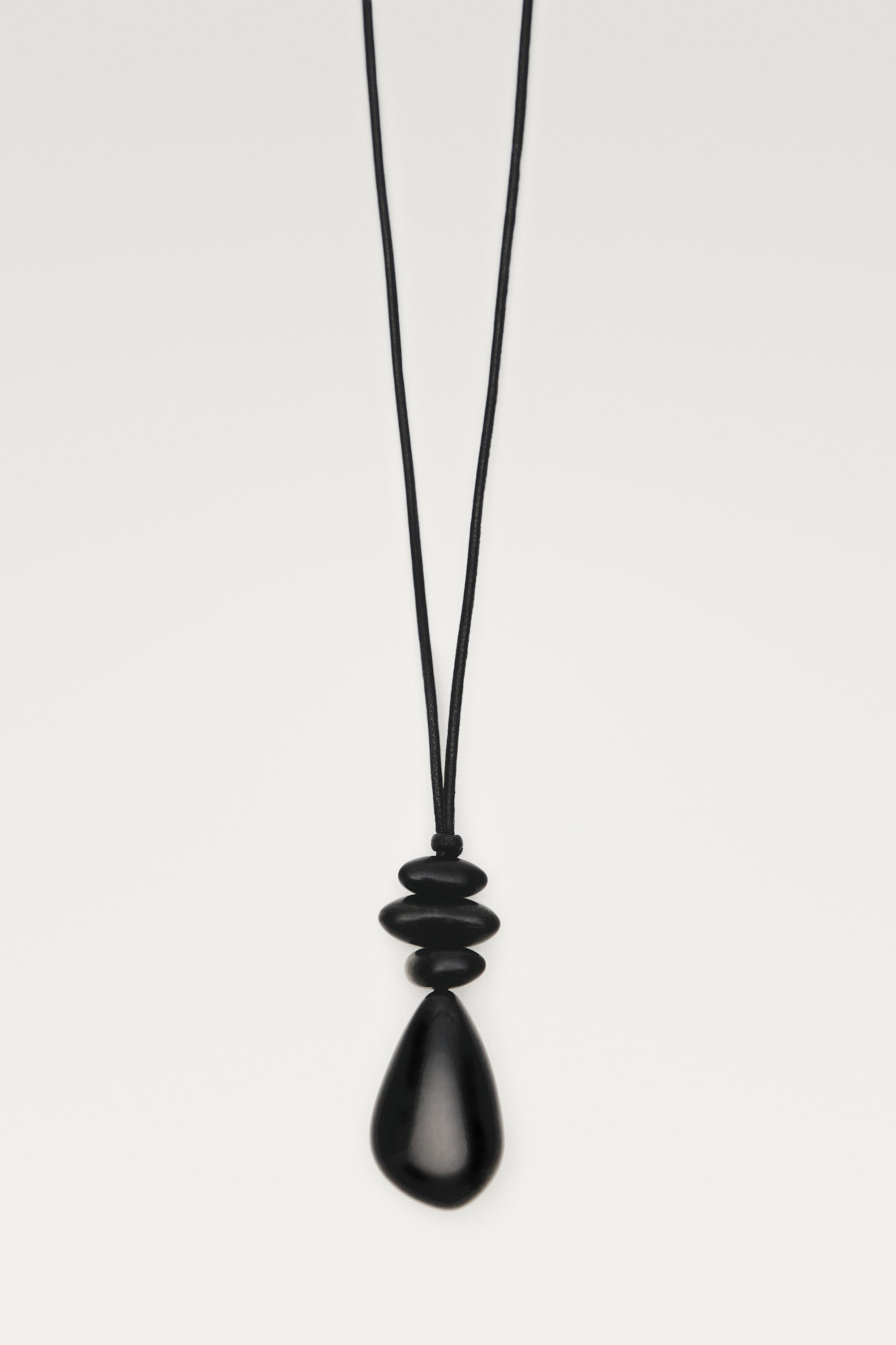 Long leather cord stone necklace — Black