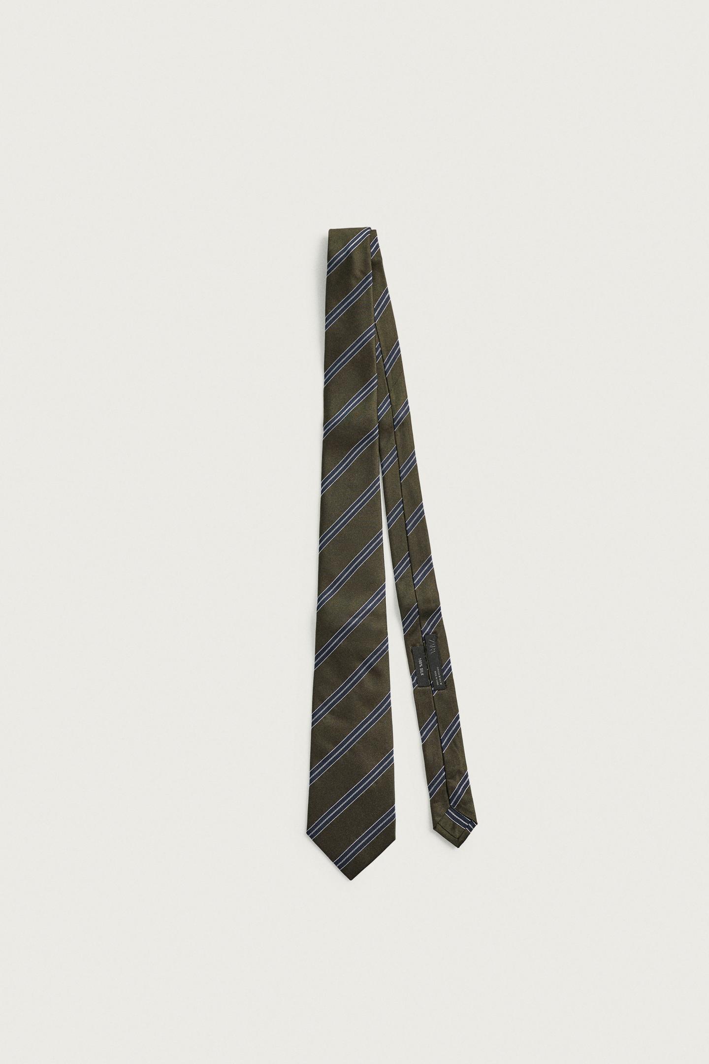 Мужской галстук Zara 100% Silk Striped Tie, цвет: Хаки — фото 2