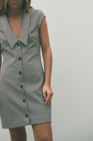 فستان بمربعات صغيرة - بني-أزرق الخاص بـ Zara