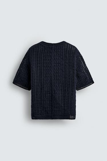 CROCHET TEXTURED T-SHIRT - Navy blue by Zara - Image 6
