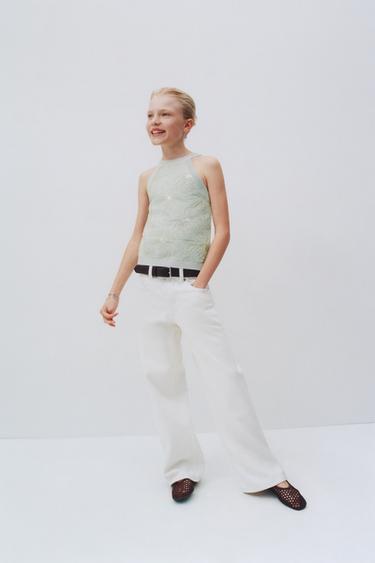 Zara FLORAL KNIT HALTER TOP - Sea green