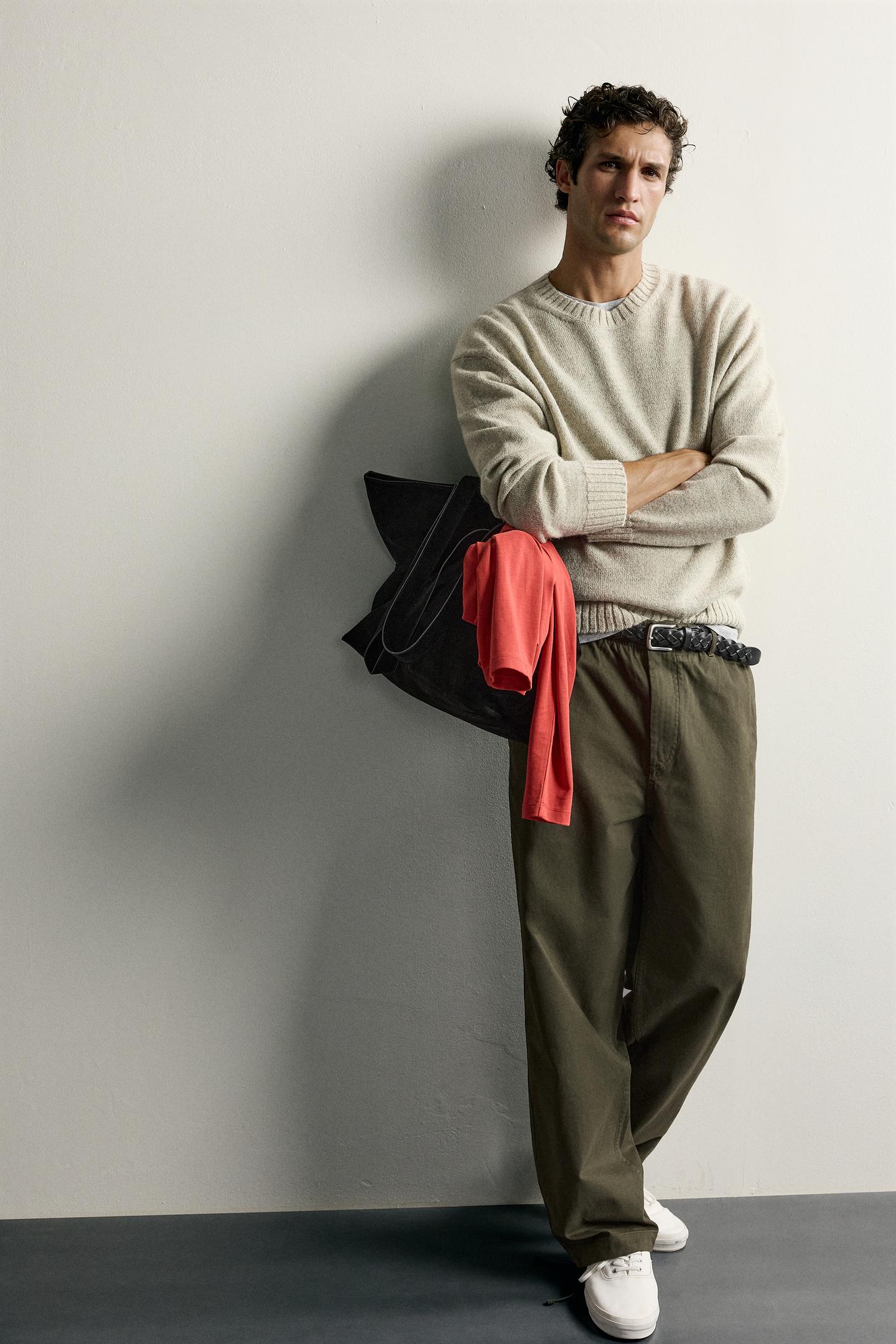 Мужские брюки Zara Cotton Relaxed Fit, цвет: Тёмный хаки — фото 6