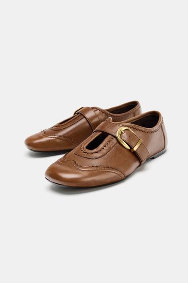 LEATHER BROGUE BALLERINAS - Brown by Zara - Image 2