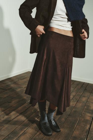 ASYMMETRIC SUEDE-EFFECT MIDI SKIRT - Brown by Zara