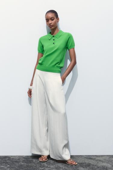 SHORT SLEEVE KNIT POLO TOP - Green by Zara
